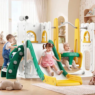 Zdjęcie produktu dla 7w1 Plac Zabaw Dla Dzieci od 1 Roku Życia, Wielofunkcyjny Zestaw z Huśtawką, Zjeżdżalnią, Koszykówką, Kółkiem, Drabinką i Kącikiem Kreatywnym