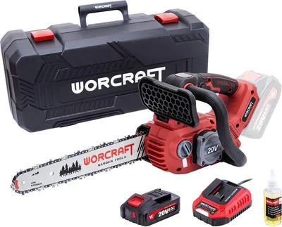 Obrázek produktu pro Pila Worcraft CGC-S20LiBAM, bezkartáčová, řetězová, 20 V Li-ion, 75 ml nádrž na olej, 12" řetěz, SET v kufříku