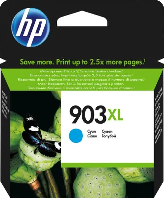 The image shows the packaging of an HP 903XL cyan ink cartridge, featuring a butterfly on lotus pods.