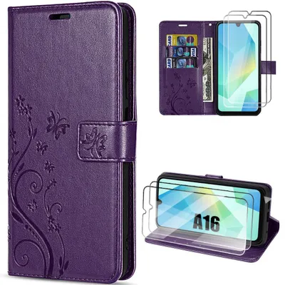 Image de Coque + 2 Verres Trempés pour Samsung Galaxy A16 4G/5G, Protection Rabat CuirPolyuréthaneRelief Floral Artistique - Violet Foncé