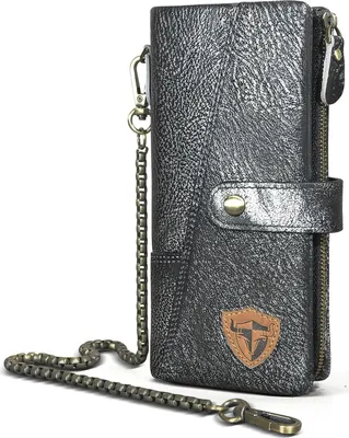 Image de Cuir véritable Crazy Horse Cuir Voyage Cadeau Monnaie Porte-cartes Long Organisateur Portefeuille Chaîne Rfid avec Snap pour les hommes