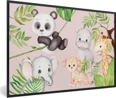 Produktbild von MuchoWow® Gerahmtes Poster Dschungel - Tiere - Rosa 90x60 cm - Poster mit Schwarzem Bilderrahmen Wandposter Rahmen Foto Bilder - Fotorahmen - Foto-Plakat
