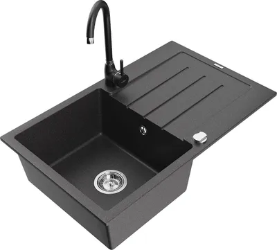 Produktbild von Mexen Bruno 1 Becken-Granitspüle mit Abtropffläche und Mischbatterie Telma, Schwarz gesprenkelt - 6513-76-670200-70