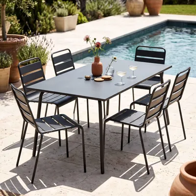 Produktbild von Gartentisch und 6 Metallstühle Grau - Oviala Palavas