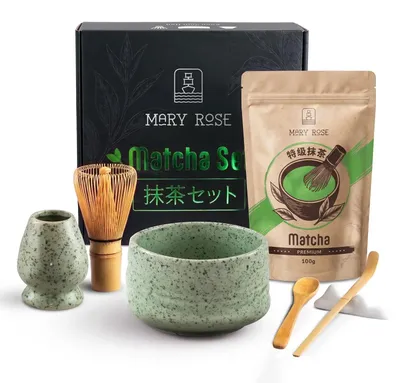 Produktbild von Mary Rose - Matcha Tee Geschenkset Premium 100g - Mit Grün Keramik Matchawan Schale Rokku 500ml, Kusenaoshi - Bambus Chasen, Besen, Chashaku