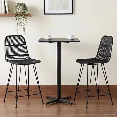 Image de Ensemble de 2 tabourets de bar modernes, couleur noire, dimensions 44 x 54 x 96 cm, avec assise en rotin et structure en acier, idéal pour une cuisine, un bar, un comptoir ou comme chaise haute, avec repose-pieds et dossier