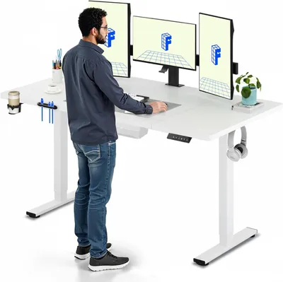 Produktbild von Elektrisch höhenverstellbarer Steh-Sitz-Schreibtisch, 160x60 cm, weiß, mit 4 Speicherfunktionen und Haken