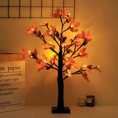 Produktbild von 2er-Pack 24 Zoll beleuchteter Herbst-Ahornbaum mit LED-Timer und Eicheln, batteriebetriebener Herbstbaum für den Tisch, Herbst-Erntedank-Dekoration, Herbsternte