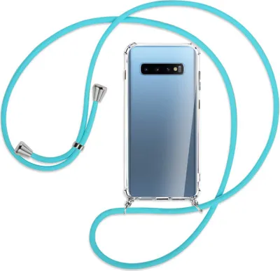 Produktbild von Handykette Backcover-Schutzhülle mit Band (Metall silberfarben) für Samsung Galaxy S10+ / S10 Plus - türkis