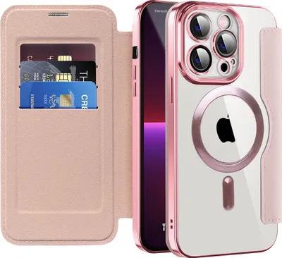 Produktbild von Klapphülle für iPhone 13 Pro Kompatibel mit Magsafe, Klar Überzug Kartenhalter Ledertasche mit Kameraschutz Pink