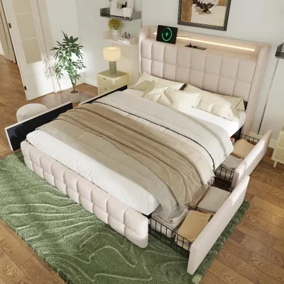 Produktbild von Polsterbett 140x200cm mit LED-Beleuchtung, USB und Steckdosen im Kopfteil, 4 Schubladen, Holzlattenrost, Leinenbezug, Beige