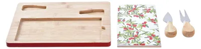 Snack-Set aus Bambus und Steingut, 24,5x20x1,2 cm, weiß/rot