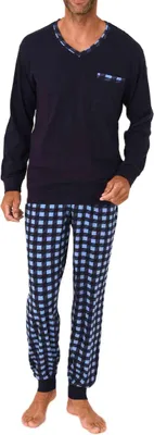 Produktbild von Normann Herren Langarm Schlafanzug mit Bündchen und karierter Jersey Pyjamahose ; marine , 52