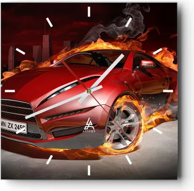 Produktbild von Wanduhr - Quadrat - Glasuhr - Auto Flammen Rot - 30x30cm - Schleichendes Uhrwerk - Lautlos - zum Aufhängen bereit - Dekoration Modern - Wanddekoration aus Glas - C3AC30x30-0200