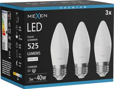 Obrázok produktu pre Mexen Nova 3x LED žiarovka E27, C37, 5 W, neutrálna – 4000 K, 525 lm – L102-E27-0540-01x03