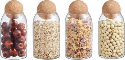 Produktbild von Famanu Glasbehälter mit Korkball und Holzdeckel - Set von 4, 0,8L