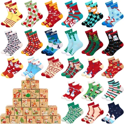 Image de Chaussettes de Noël, calendrier de l'Avent pour 24 jours, comprenant 24 paires de chaussettes et 24 boîtes cadeaux, pour femmes et hommes, en coton, taille unique