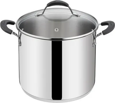 A stainless steel pot with a glass lid and black handles, shown from a slightly elevated front-diagonal angle.