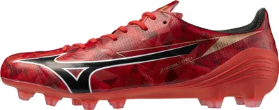 A single red and black soccer cleat with gold accents is shown against a white background.