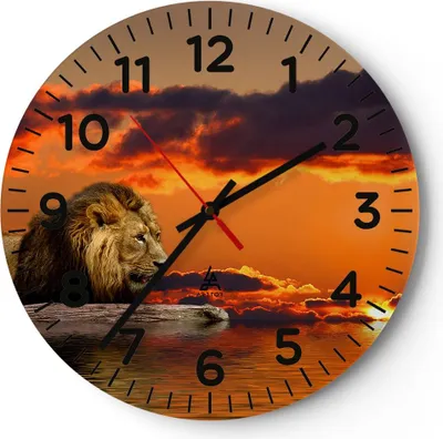 Produktbild von Wanduhr - Rund - Glasuhr - Löwe Sonne Landschaft - 40x40cm - Schleichendes Uhrwerk - Lautlos - zum Aufhängen bereit - Dekoration Modern - Wanddekoration aus Glas - C4AR40x40-0230