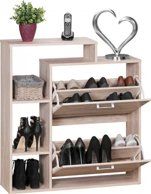 A modern shoe cabinet with multiple shelves and flip-down compartments, displaying various shoes and decorative items.