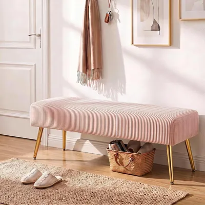 Image de Banc de 113,5 cm avec pieds en métal, revêtement en tissu rose