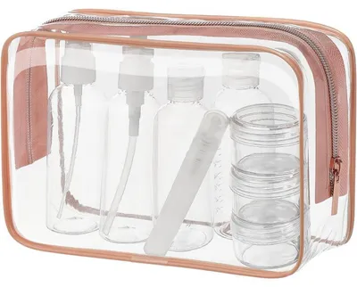 Produktbild von Kulturbeutel Transparent mit 8 Reiseflaschen zum Befüllen 100ml Handgepäcktauglich Rotgold