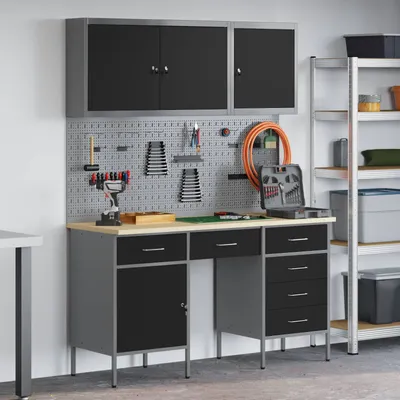Productafbeelding van vidaXL Werkbank met laden, 8 stuks, zwart, voor ingenieurs, van hout en staal