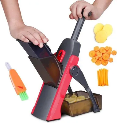 Obrázek produktu pro Kráječ zeleniny, nastavitelný, multifunkční kráječ zeleniny 8 v 1 se sběrnou nádobou, kráječ na julienne, kráječ na brambory, kráječ na okurky pro rychlou přípravu jídel, červený