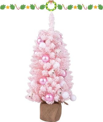 KOMFOTTEU 90 cm Künstlicher Weihnachtsbaum, Tisch Christbaum mit 24 dekorativen Kugelornamenten & 12 natürlichen Wattekugeln, Tannenbaum für Haus, Büro (Rosa)