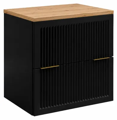 Produktbild von Badezimmerschrank hängend 60 mit Schubladen, Korpus in Schwarz + Platte in Eiche Craft, mit Griffen, 60 x 46 x 58,6 cm, KI-generiertes Bild