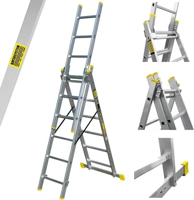 Imagen del producto de Escalera multiusos Bayersystem BS-DW, 3x6 peldaños, escalera combinada de aluminio de 3 secciones, con capacidad de carga de hasta 150 kg, altura de trabajo máxima de 4,05 m, escalera plegable, escalera multifuncional, escalera de apoyo, color plata/amarillo