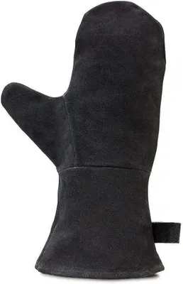 A black oven mitt is shown against a white background.