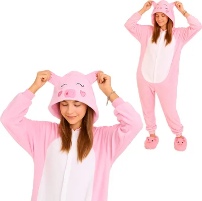 Produktbild von Pyjama Onesie Kigurumi Kostüm für Erwachsene, Rosa Schwein, XL: 175 - 185cm