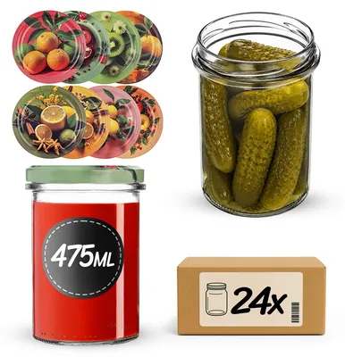 Produktbild von KADAX Einmachgläser 475ml mit Ø 82 mm Schraubdeckel, Marmeladengläser, Schraubgläser zum Einkochen, Einmachen und Aufbewahren von Marmelade & Honig (Exotische Früchte, 24 Stück)