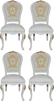 Produktbild von Pompöös by Casa Padrino Luxus Barock Esszimmerstühle mit Krone Weiß / Gold - Pompööse Barock Stühle designed by Harald Glööckler - 4 Esszimmerstühle - Barock Esszimmermöbel