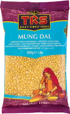 A bag of TRS Mung Dal with an illustration of a woman processing lentils.