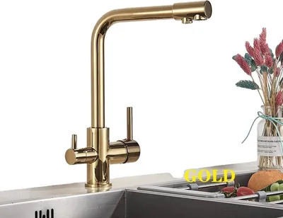 Obrázek produktu pro Kuchyňská vodovodní baterie s dvojitou rukojetí, otáčení o 360 stupňů, zlatá barva