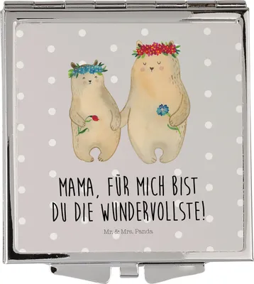 Produktbild von Mr. & Mrs. Panda Mini Spiegel Bären mit Blumenkranz - Grau Pastell - Geschenk, Schminkspiegel, Taschenspiegel, Tochter, Bär, klein, Muttertag, Kleiner, Familie, Family