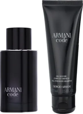 A gift set containing a bottle of perfume and a tube of shower gel, both branded Armani Code.