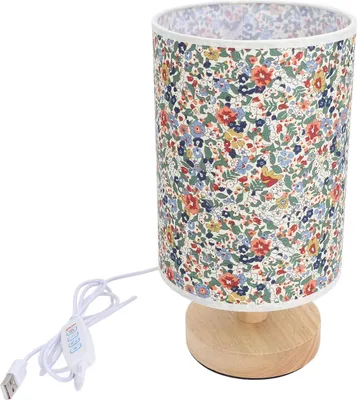 Image de Lampe à poser en tissu et bois 3 couleurs à température variable alimentée par USB Lampe de bureau à motif floral