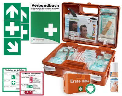 Produktbild von Verbandskoffer (K) Typ S -Paket 1- Erste Hilfe nach aktueller DIN 13157 für Betriebe -DSGVO- INKL. PERF. VERBANDBUCH + Sprühpflaster & FOLIENAUFKLEBER
