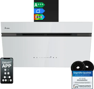 Produktbild von KKT KOLBE A+++ Dunstabzugshaube 90 cm 782 cbm/h Umluft Abluft Kopffrei Wandhaube | Schwarz Weiß Glas | Nachlaufautomatik | Smart WiFi App WLAN | SensorTouch | RGBW LED-Beleuchtung | AURORA9005SW