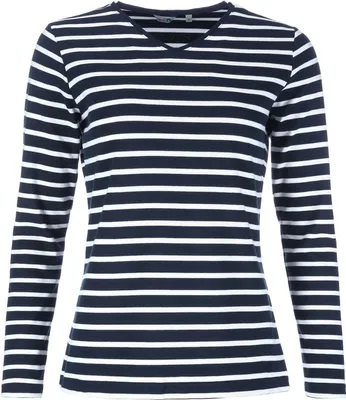 Produktbild von modAS Damen Shirt mit Streifen und V-Ausschnitt - Bretonisches Streifenshirt Langarm aus Baumwolle in Blau-Weiß Größe 40