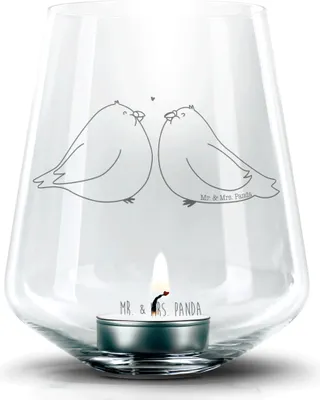 Produktbild von Mr. & Mrs. Panda Teelichthalter Turteltauben Liebe - Transparent - Geschenk, Hochzeitstag, Turteltäubchen, gravur glas, Tauben, Kerzenhalter, Verheiratet, Windlicht