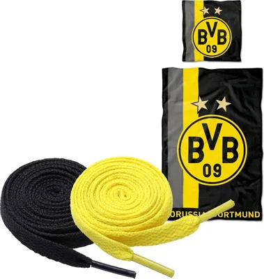 Produktbild von Borussia Dortmund BVB Bettwäsche mit Streifenmuster (135 x 200 cm) + 2 Paar Fan-Schnürsenkel 2# 5#