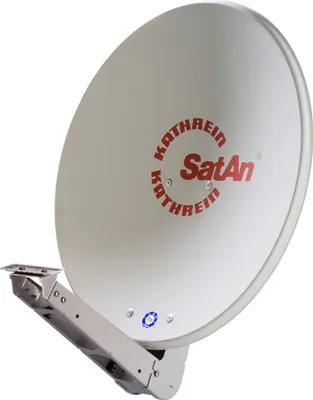 A satellite dish with branding and mounting hardware, isolated on a white background.