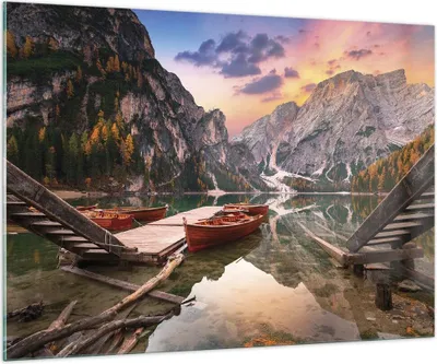 Produktbild von Bilder auf glas - Einteilig - Boote Berge See - 100x70cm - Glasbilder - Wandbilder - Bilder - zum Aufhängen bereit - Wanddekoration aus Glas - Glas Bilder - Wandbild auf Glas - GAA100x70-4638