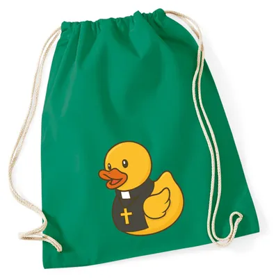Produktbild von Huuraa Turnbeutel Quietscheente Pfarrer Comic Gummiente 12 Liter Kelly Green Baumwolle Rucksack Geschenkidee