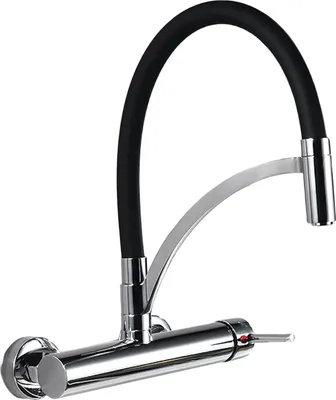 A studio shot of a wall-mounted kitchen faucet with a black flexible hose and a chrome body.
